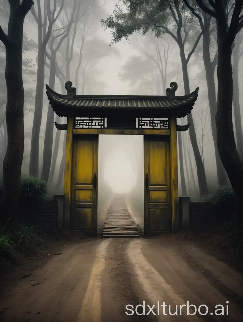 A gloomy forest dirt road with a lonely Chinese wooden door at the end, the scene is eerie and terrifying, full of fog, and the color is dim yellow