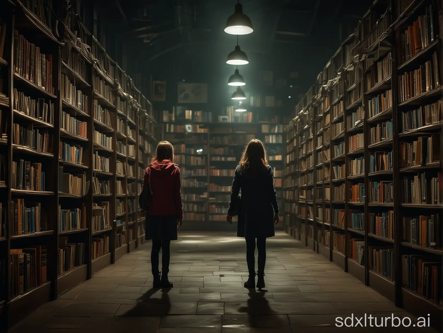 Create a square, 1:1 aspect ratio, high definition, scary image of a library scary story. The image must be photorealistic, mysterious, realistic people, scary stranger, weird, scary, atmospheric, night lights, vivid colors, catchy, must pop and catch attention. Shot on Sony Alpha a7R, 80mm.
