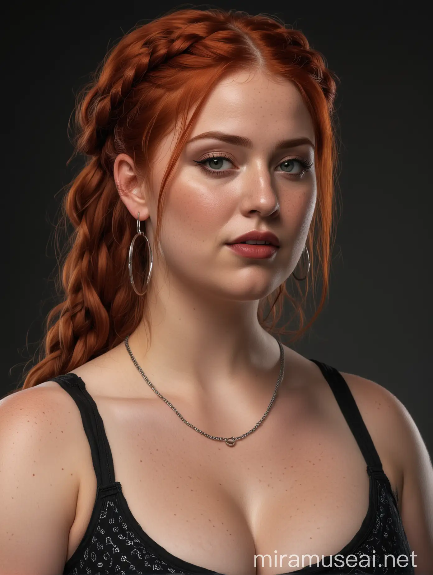 photo realistic, dark background, renaissance style pose, intense facial expression, large, chubby woman, red hair, braids, freckles, black lipstick, black tank top, hoop earrings, 