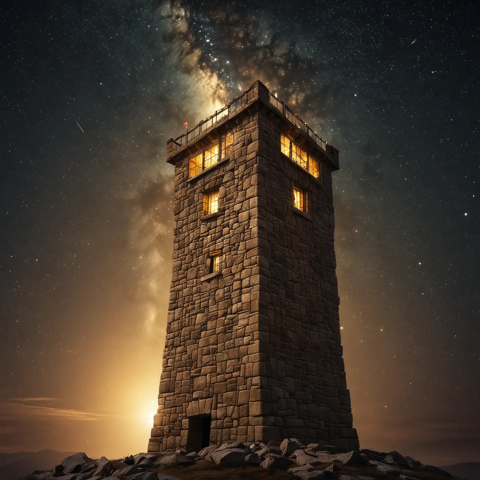 Stone Watch Tower under Starry Night Sky with Golden Light Effects