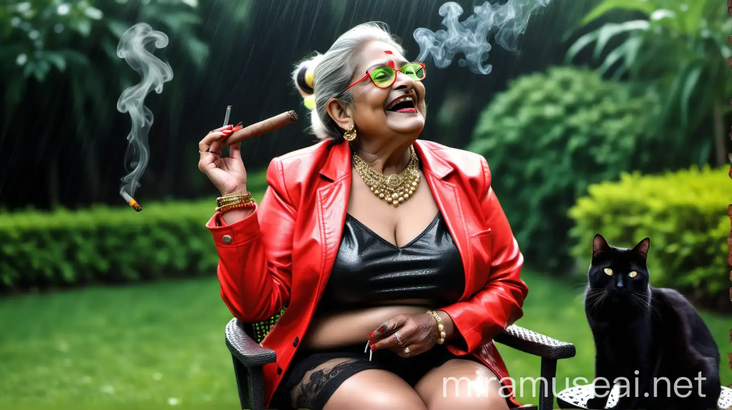 
a indian  mature  fat woman having big stomach age 57 years old attractive looks with make up on face ,binding her high volume  bleached hairs, open  gajra bun Hairstyle. wearing metal anklet on feet and high heels, she is smoking a cigar in her hand  , smoke is coming out from cigar  . she is happy and laughing . she is wearing pearl neck lace in her neck , earrings in ears, a gold spectacles with chain holder on her eyes and   wearing  a  neon red leather jacket and a  
neon green Control Briefs on her body. she is sitting on a  rocking chair,. , in a luxurious garden and enjoying the rain  ,  three black cats are siting near her  and its night time . its raining very heavy . show images from back side.
