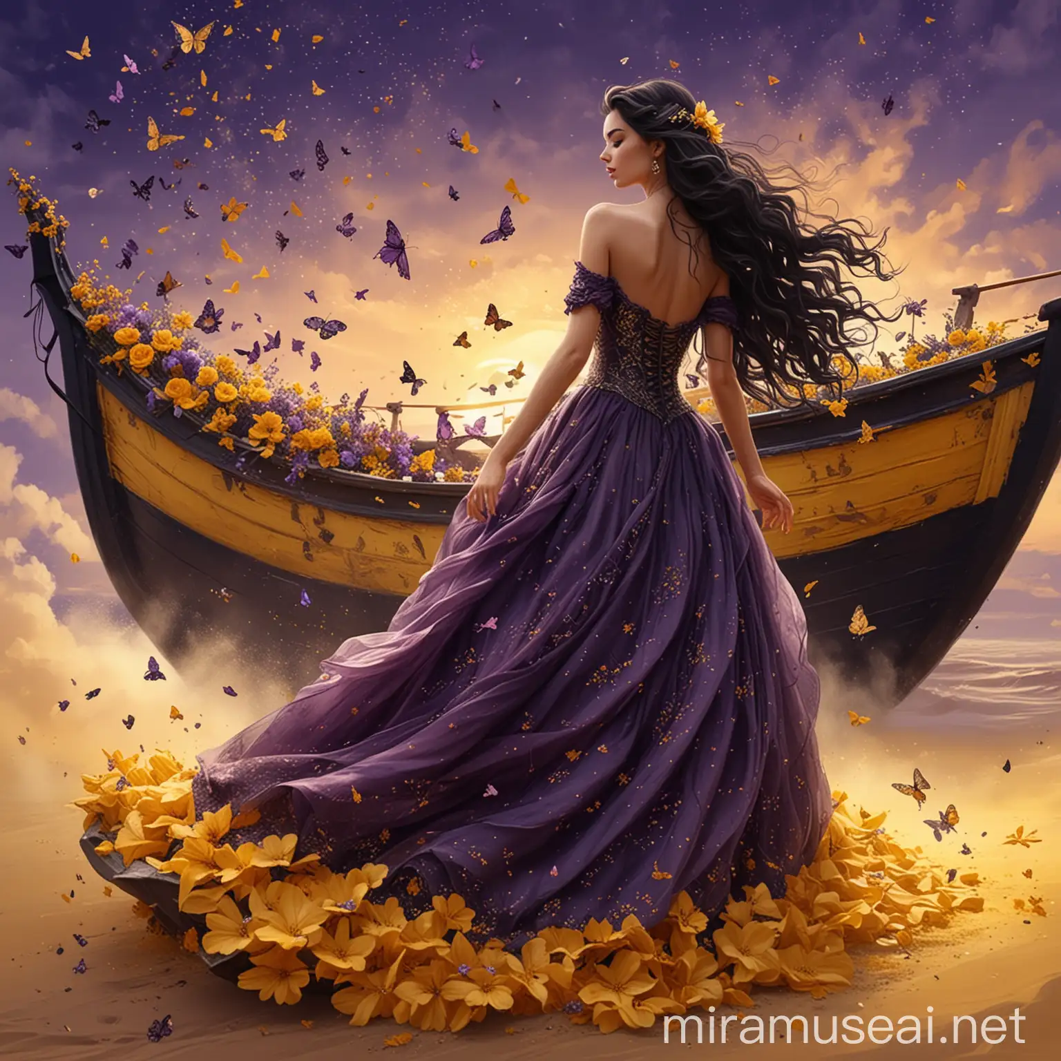 A beautiful a woman, from profile, dancing on yellow dust. Long black wavy hair. Hair with a flower. Long elegant dark purple wedding dress, haute couture. Background a floral boat. backgroind sky with butterflies. Fantasy, illustration, digital art, illustration art, fantasy art, digital painting