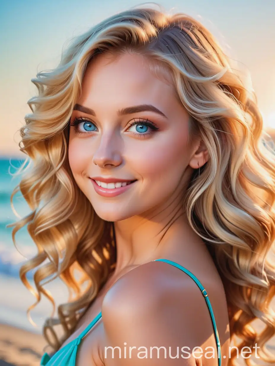 Stunning, captivating, blonde women, seen en profil, early 30's, gorgeous, wavy beach curls, light blue eyes, very big eyes, wide apart, a long and straight esthetic nose,  pretty smile, the background is out of focus, yet colorful in a warm way, 8k
