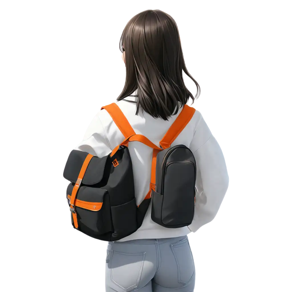 College girl in Makoto Shinkai Anime Style PNG Black and White Flannel Back View with orange Backpack