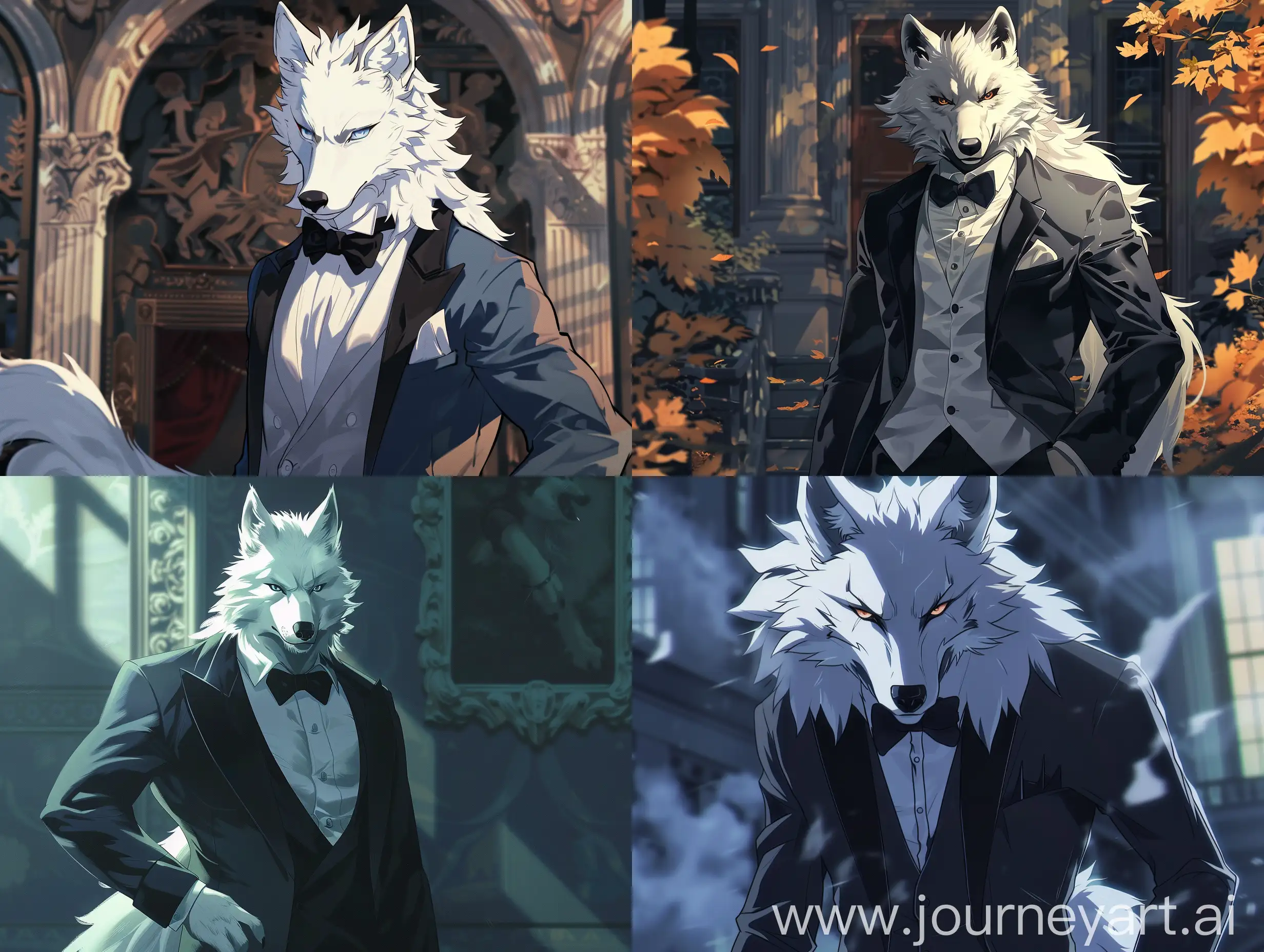 An anime muscular anthropomorphic white wolf in a tuxedo