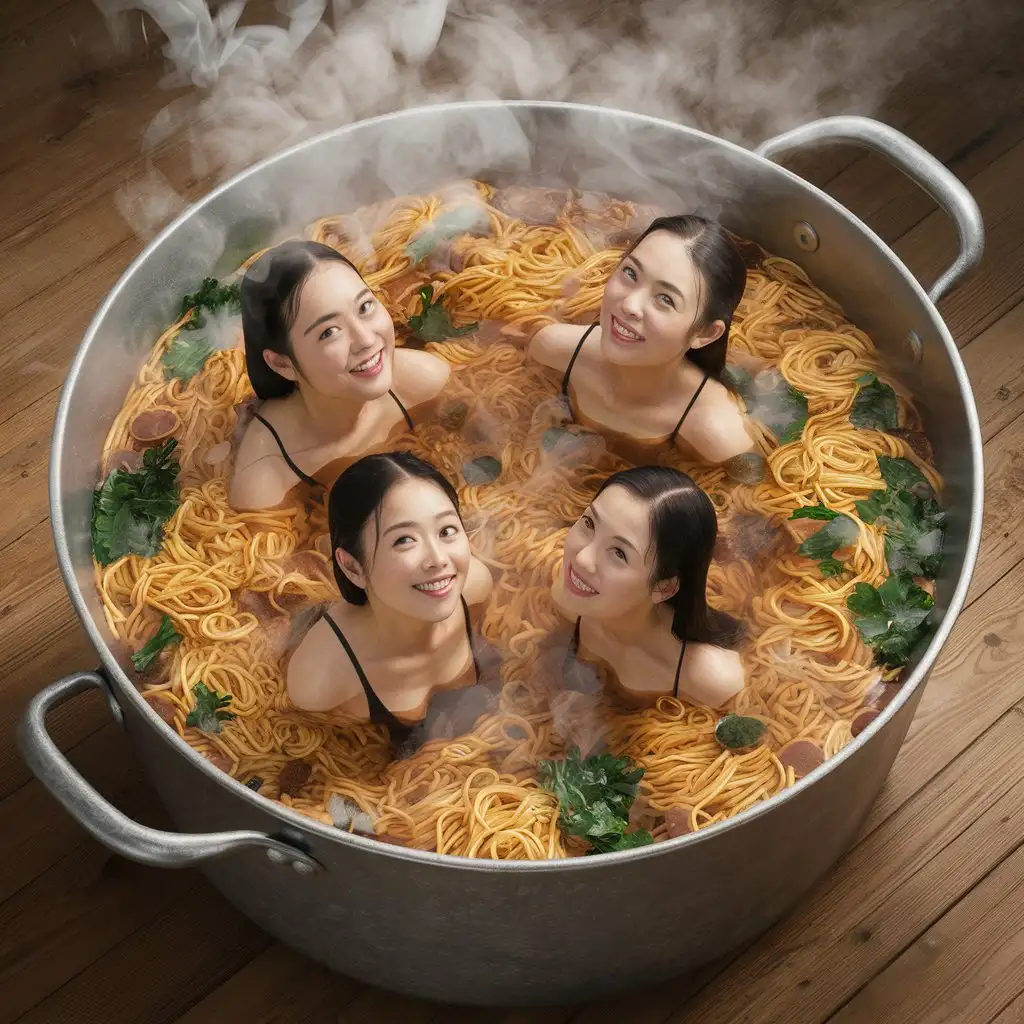 cgi image of a metal pot huge hot tub, with 4 asian women swimming looking upwards towards viewer, sitting in the hot tub filled with Ramen noodles and Negi. drone shot. Background wooden kitchen floor
