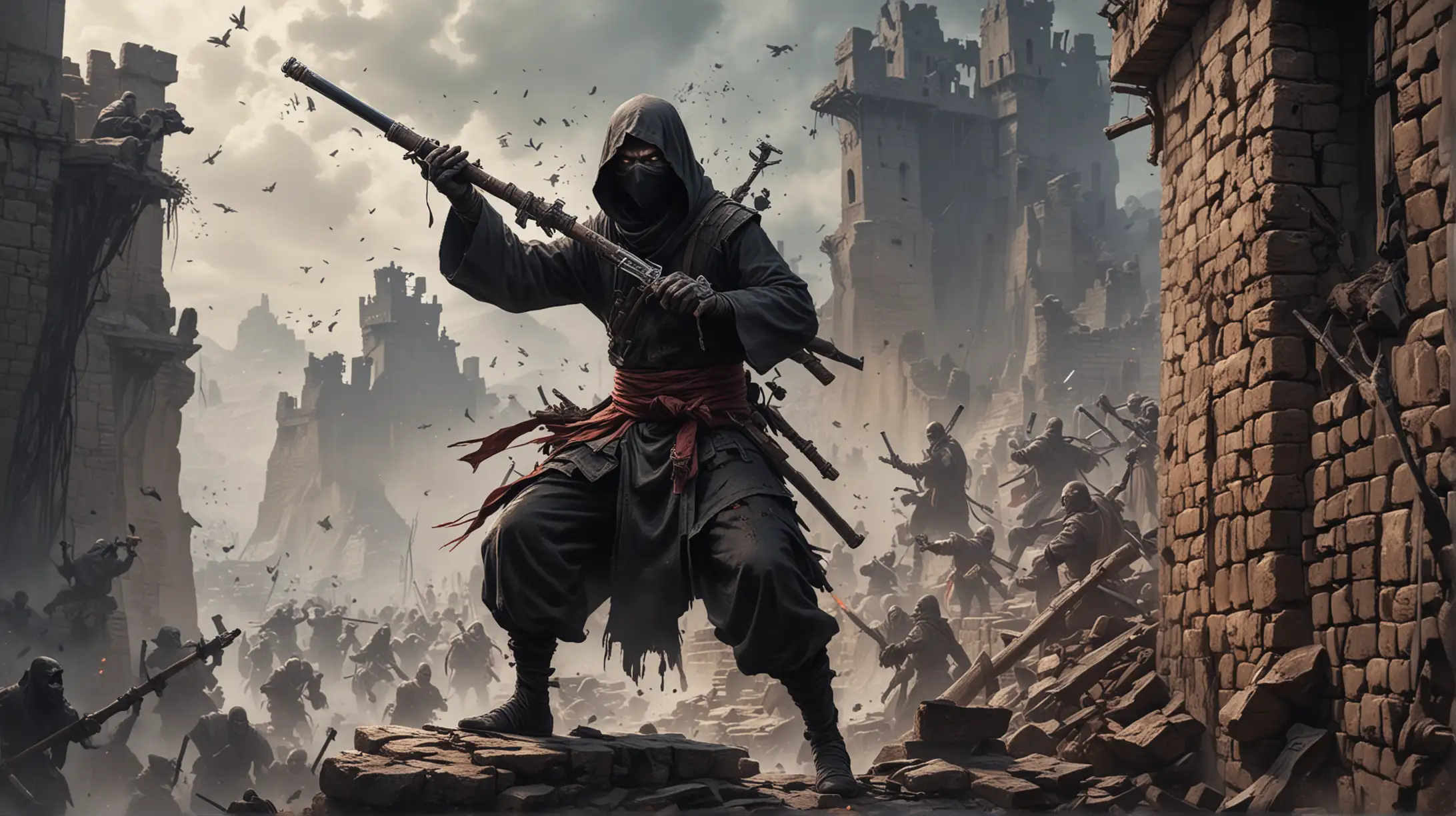 Masked Monk Ninja Firing Musket from Crumbling Fort Amid Undead Horde