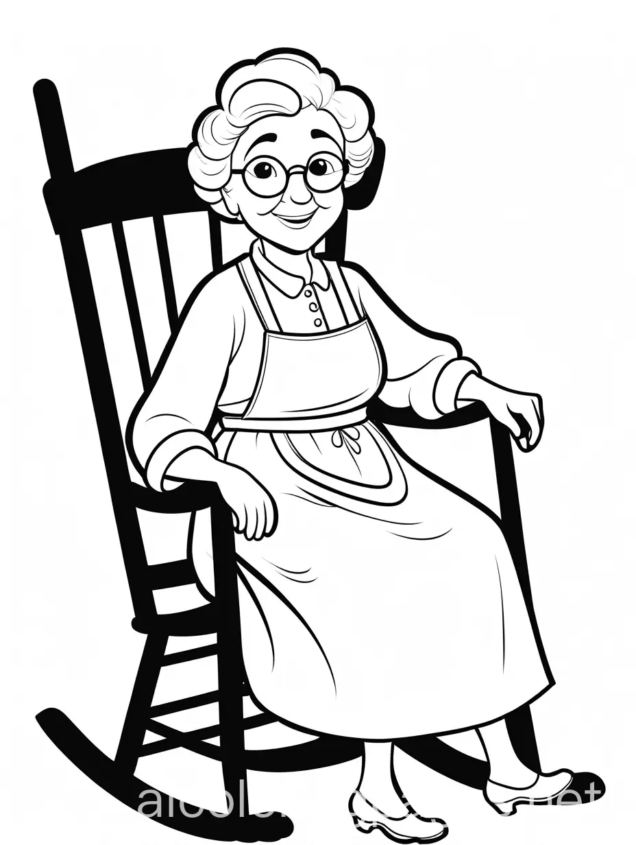cute farmer grandma in rocking chair cartoon, pre school, Coloring Page, black and white, line art, white background, Simplicity, Ample White Space. The background of the coloring page is plain white to make it easy for young children to color within the lines. The outlines of all the subjects are easy to distinguish, making it simple for kids to color without too much difficulty