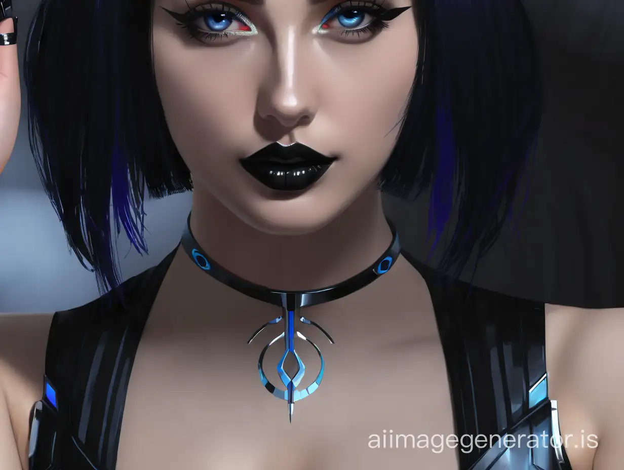 A (((goth punk) style) woman) with short, black hair and (silver blue) eyes, ((hourglass) full figure) dressed in a futuristic sleek (((Black, (Mass Effect) style) armor, indigo highlights.)), standing confidently. No background.