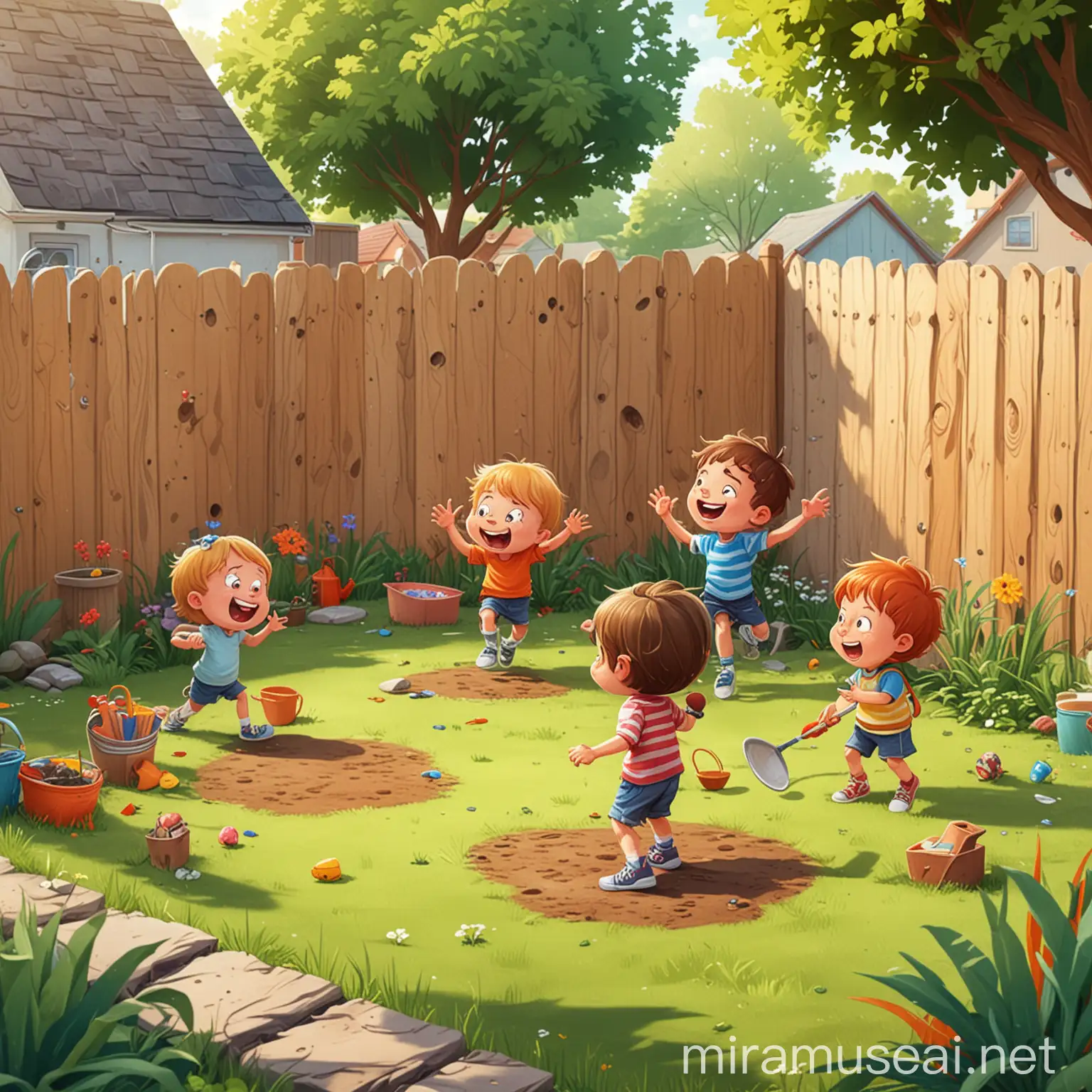 Cartoon Kids Playing in a Colorful Backyard Playground