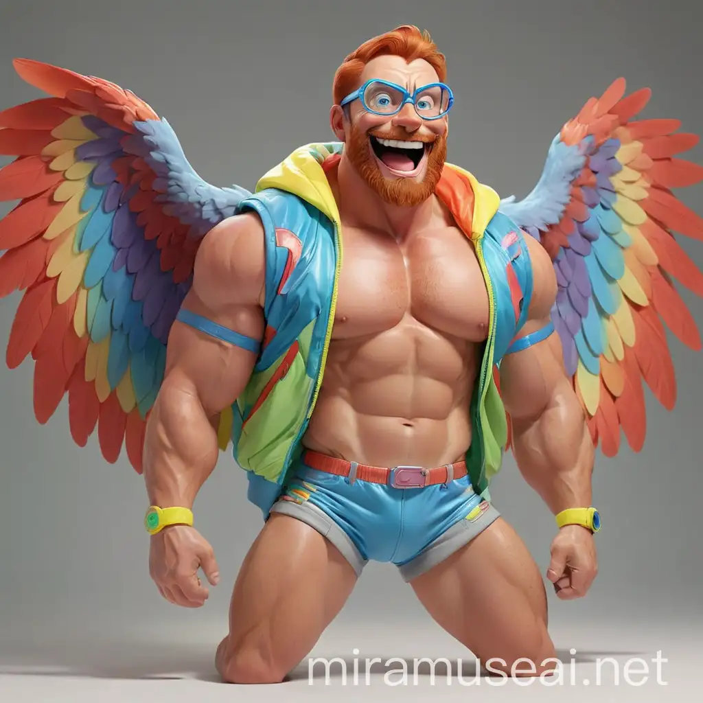 Muscular Bodybuilder Flexing with Rainbow Eagle Wings Jacket and Doraemon Goggles