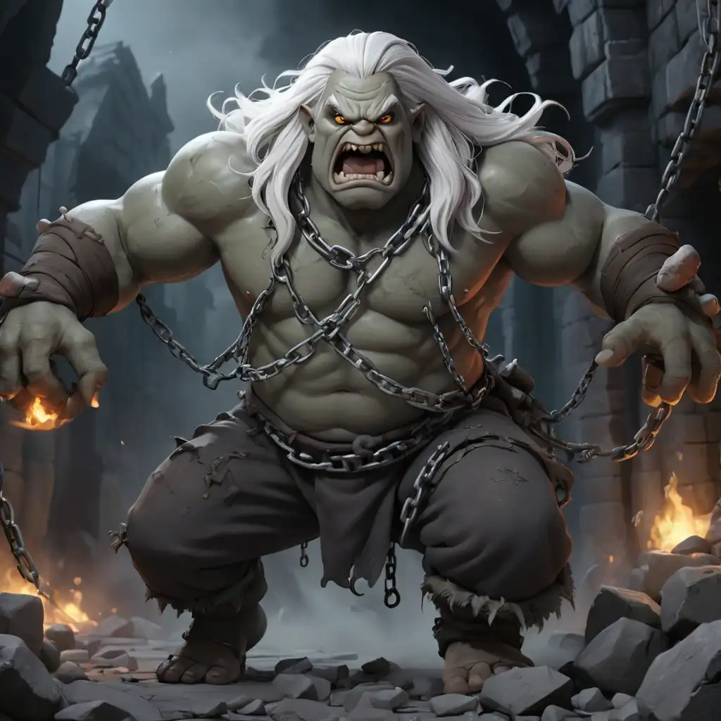 Dungeon. Rubble. Rocks. Nighttime. Dark. Eerie. Web. Scary Grey Ogre. Long White Hair.  Chains. Smoke. attack arms up, running