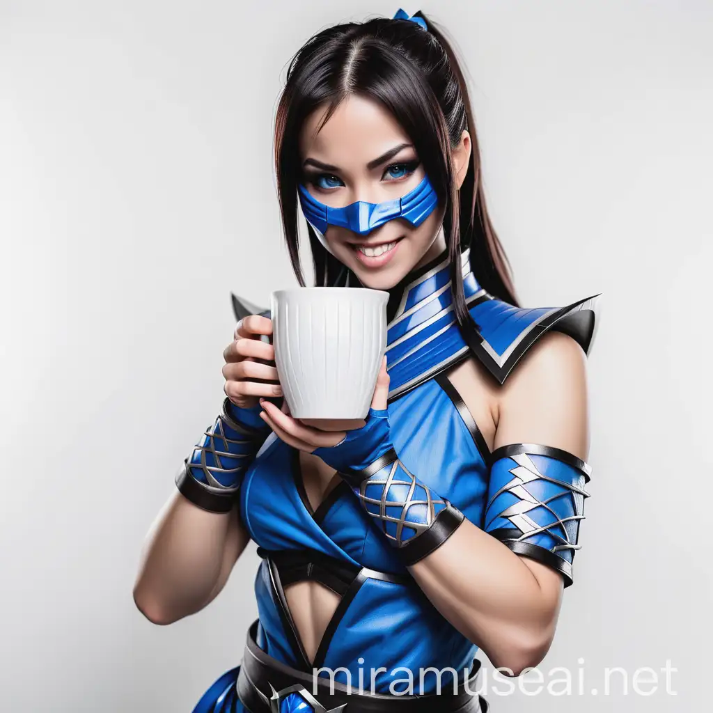 Stunning Kitana Cosplay Portrait Elegant Smile with White Cup
