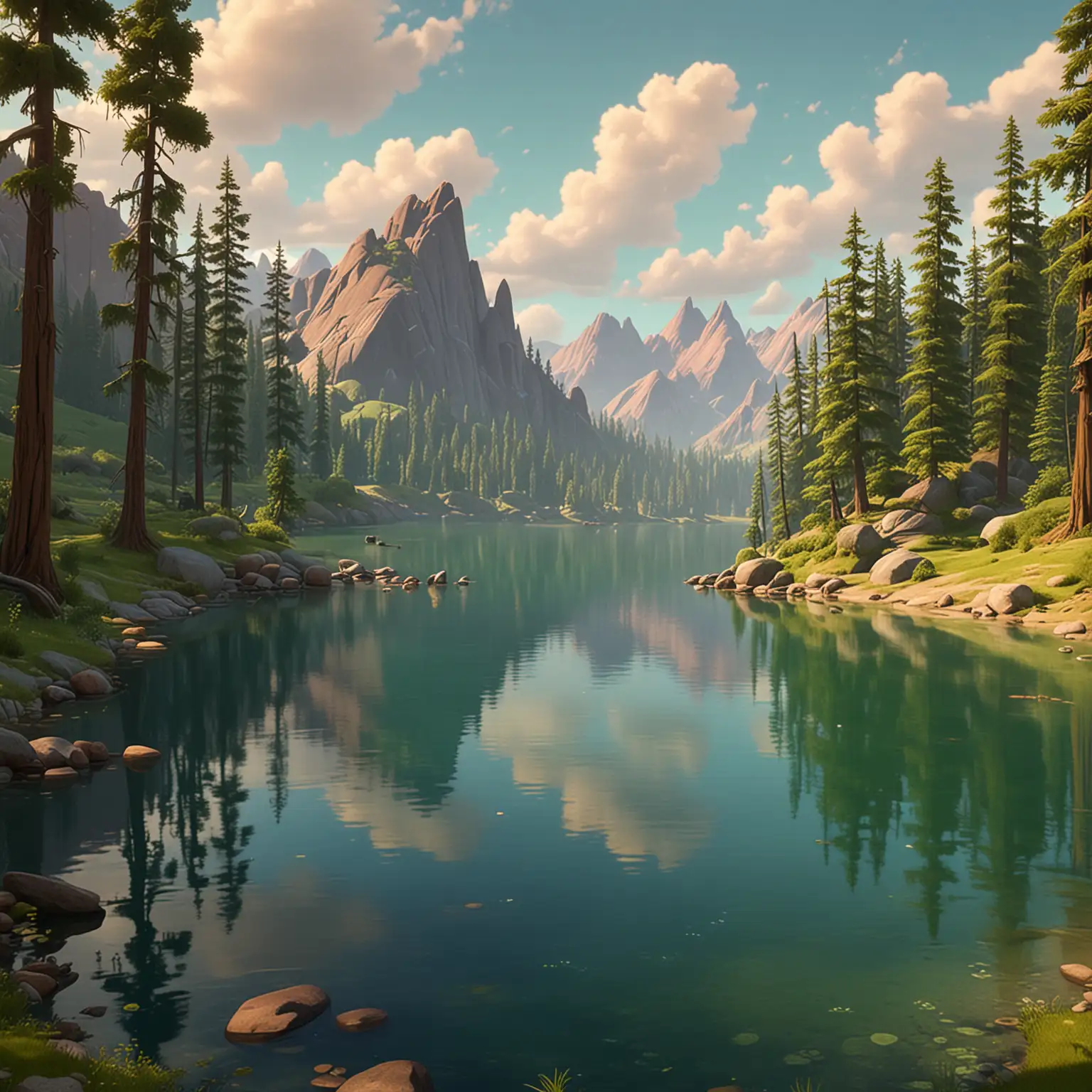 Serene Lake Landscape with Rolling Hills and Lush Trees in Pixar Style