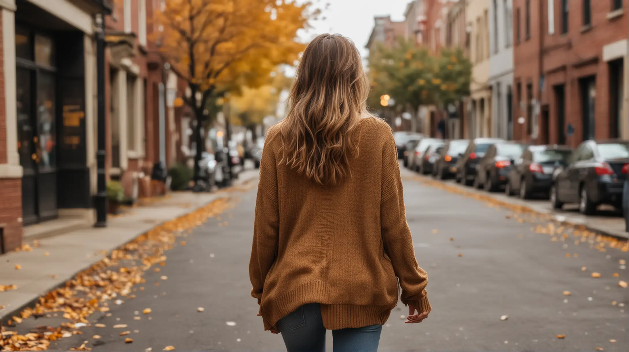 一个年轻美国女性的背影照片，full-body photography，穿秋装，漫步在街道上