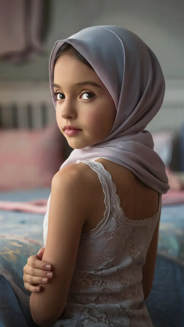 A innocent girl.  14 years old. She wears a hijab, lace tank top,
She is beautiful. She sits on the bed.
Side eye view, petite, plump lips.  Elegant, pretty, from behind