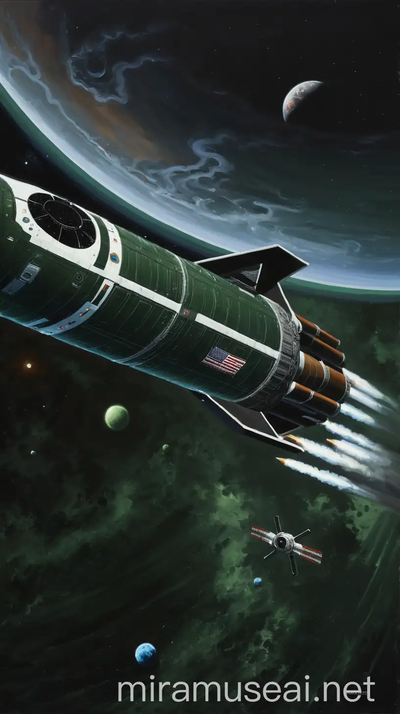 Detailed Painting Dark Green Space Rocket Soars Past a Darkened Planet