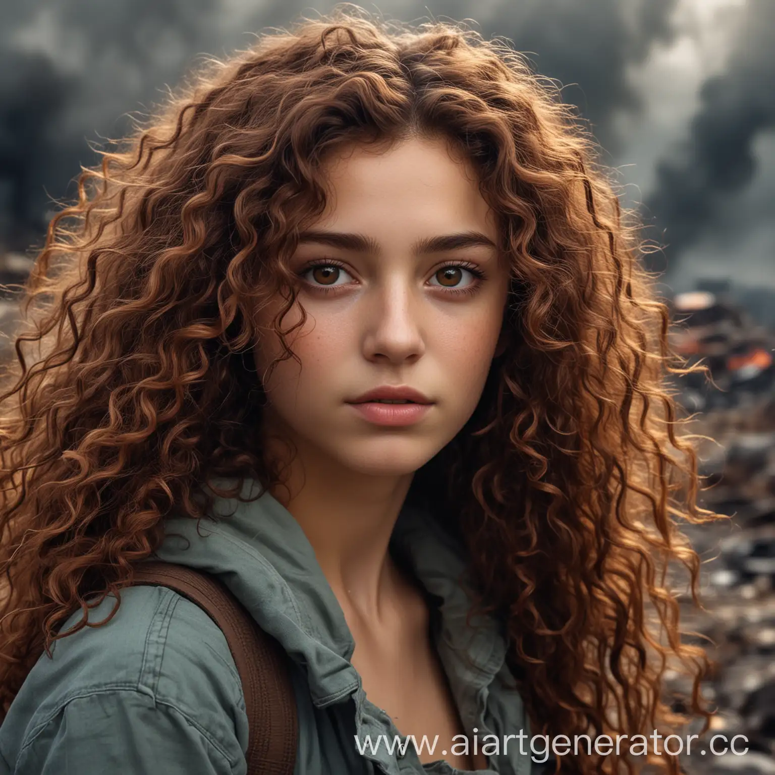 Girl-with-Chestnut-Curly-Long-Hair-in-Apocalyptic-Setting