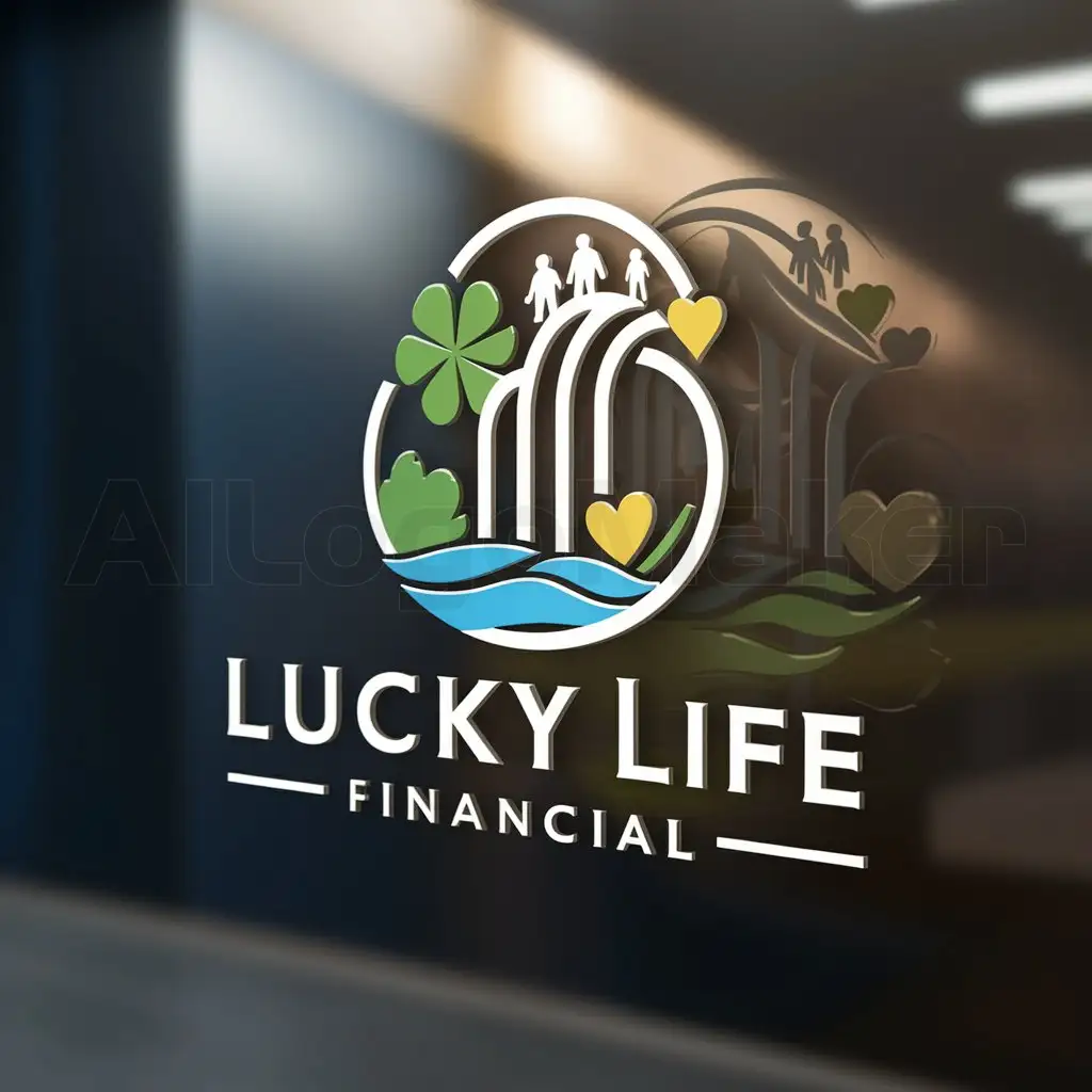 LOGO-Design-for-Lucky-Life-Financial-Cascading-Waterfall-with-Clover-Heart-and-Family-Symbolism