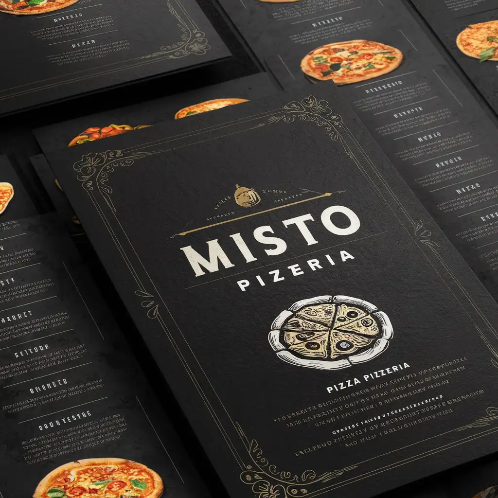 Misto Pizzeria, Menu, Black Vintage menu, Edge decoration, Classic menu, Elegant menu, Pizzeria Menu, A4 