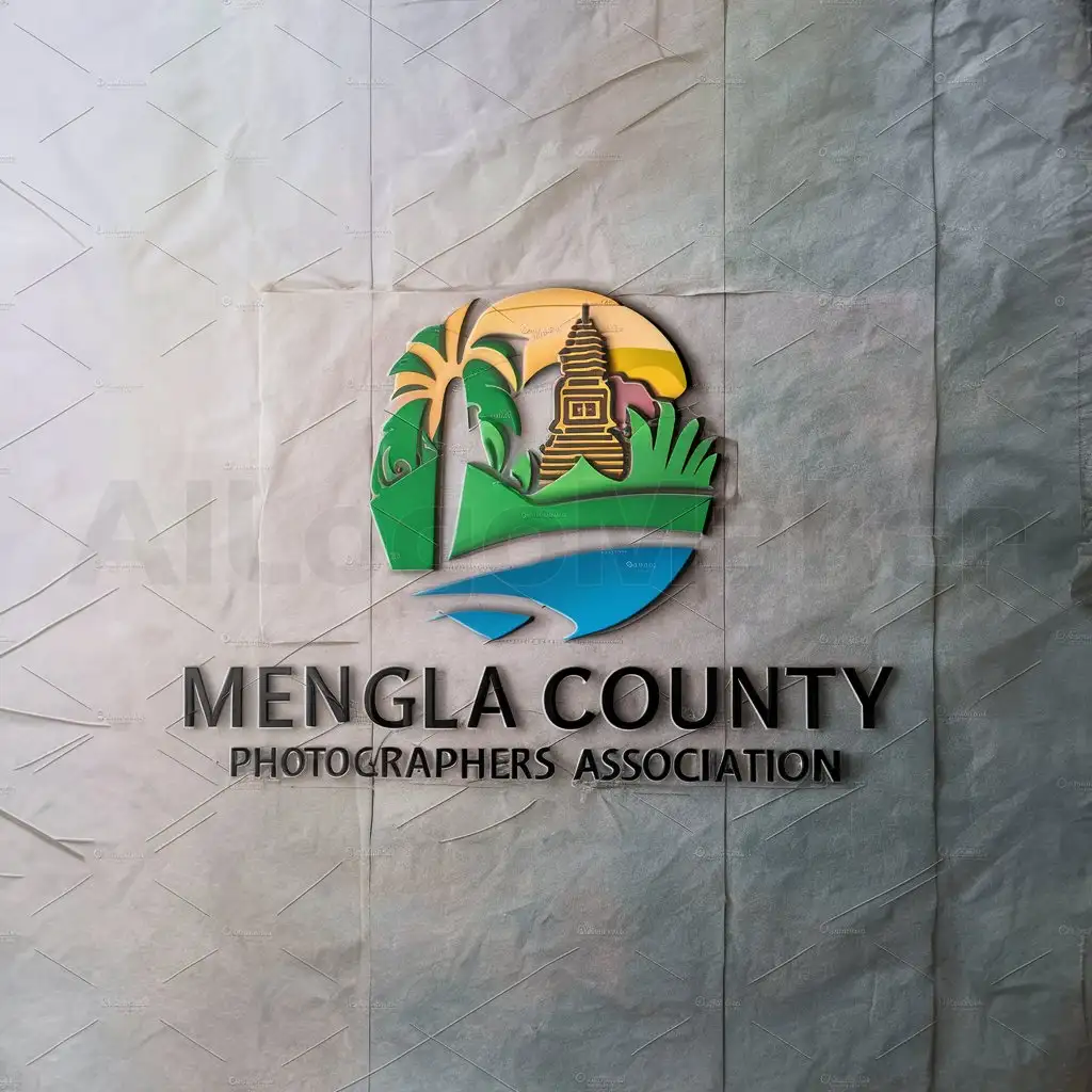 a logo design,with the text "Mengla County Photographers Association", main symbol:tropical rainforest Buddha tower Namco River photography,Moderate,be used in Others industry,clear background