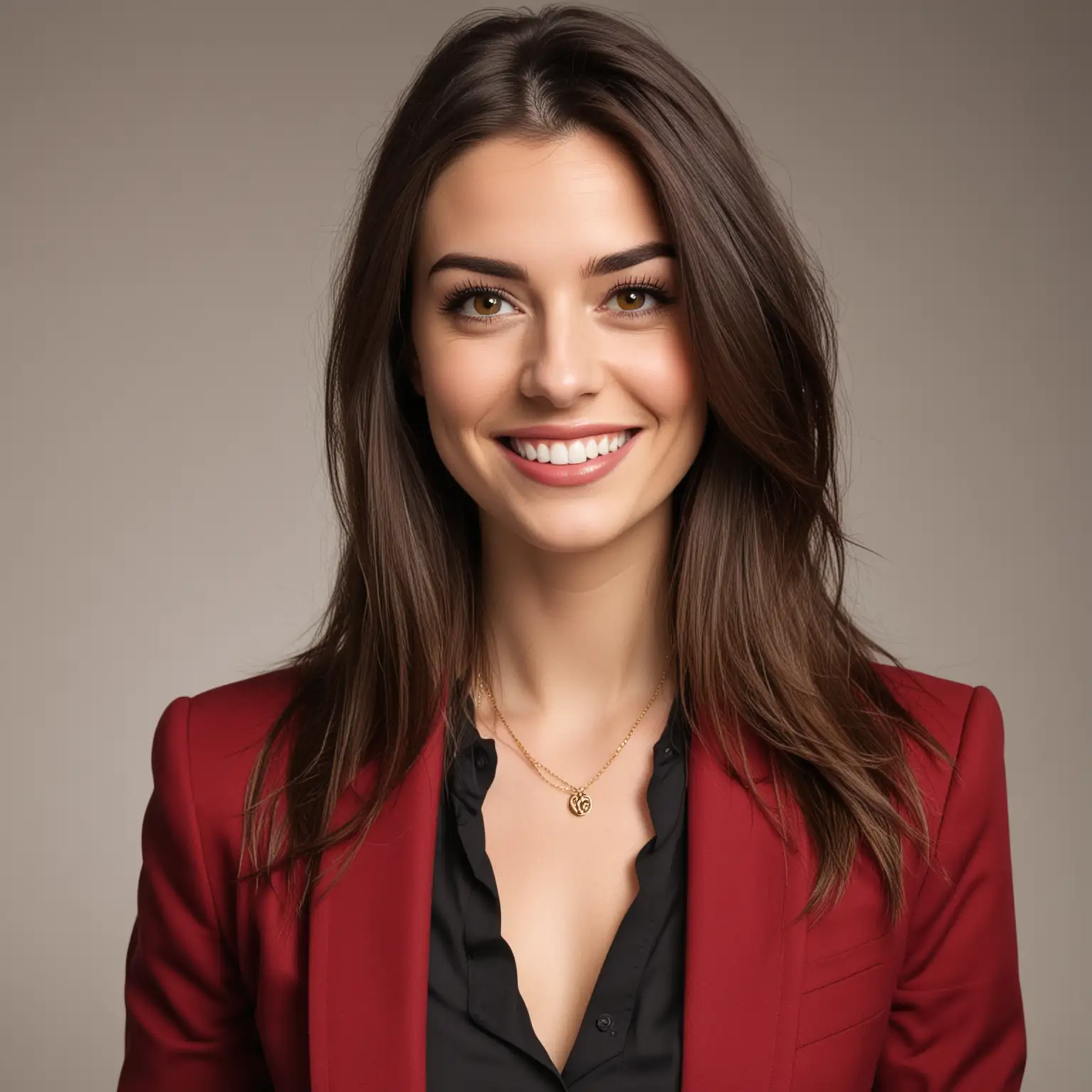 30 year old pale white woman with long dark brown blowout straight hair parted to the right, big eyelashes, red blazer, gold necklace, black shirt and black trousers. She is smiling with eyebrows raised, plain white background. She might be of English or Irish or Danish descent.