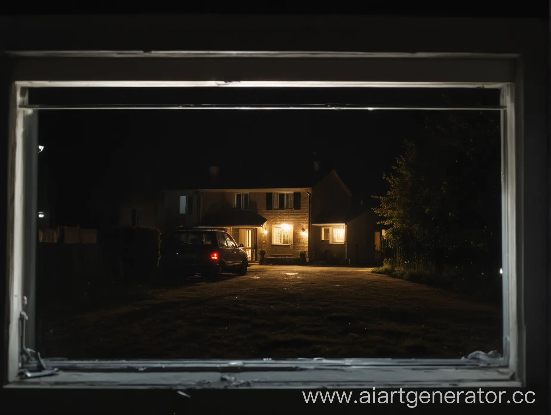 car at night near the house, view through the window, headlights on