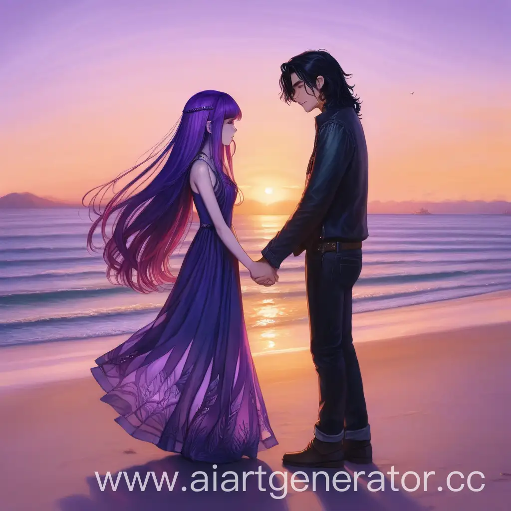 Romantic-Couple-Holding-Hands-at-Sunset-with-Girl-in-Purple-Dress