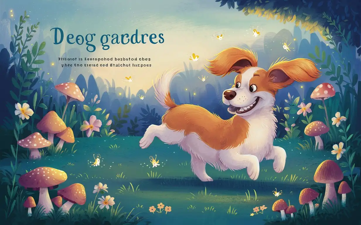 a happy dog in a beautiful garden full of fireflies, flowers and mushrooms