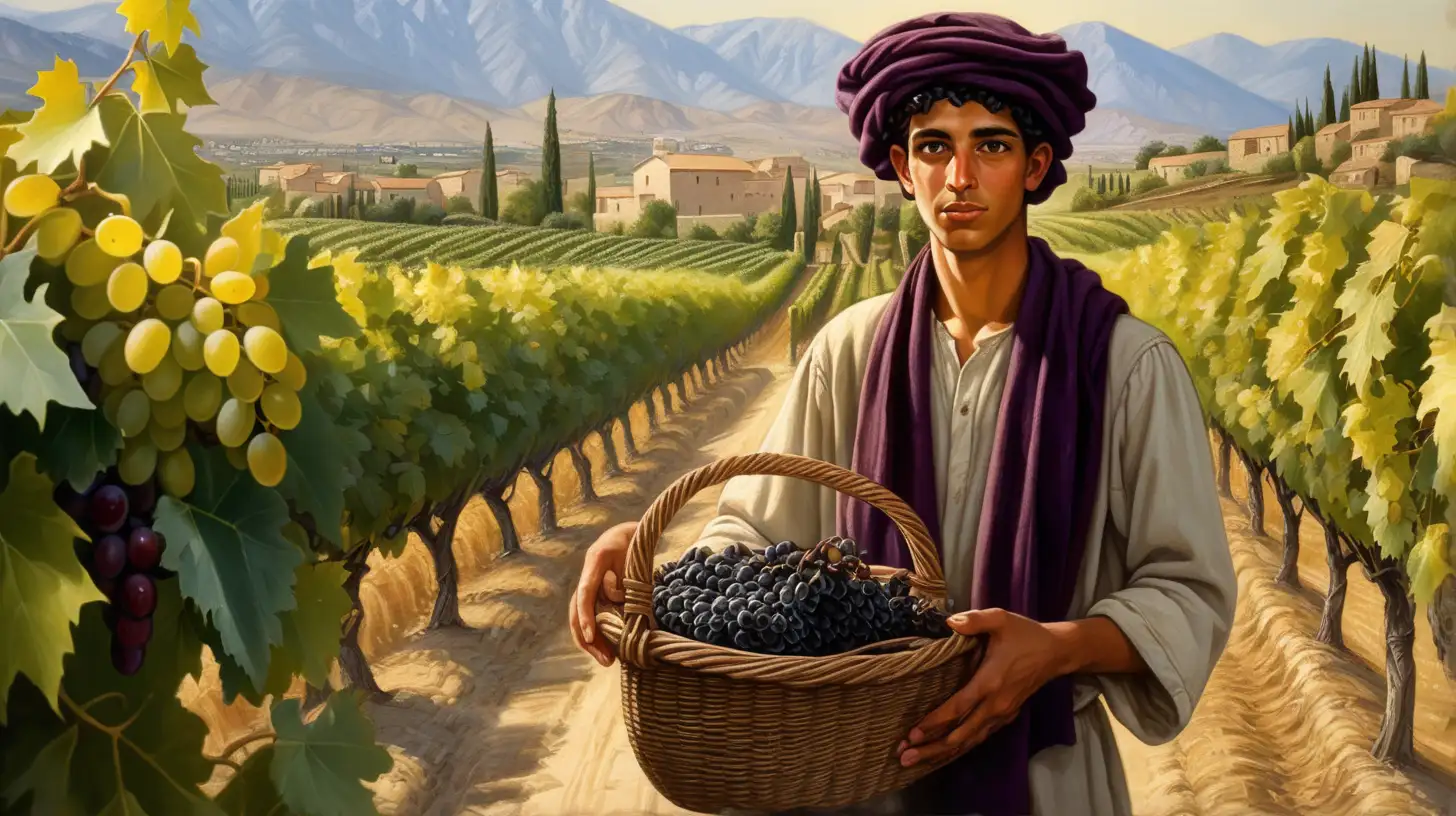 epoque biblique, un jeune ouvrier agricole hébreu avec un foulard sur la tête, un panier en osier rempli de grappes de raisin noir, dans un vignoble, en été, au fond des montagnes bibliques