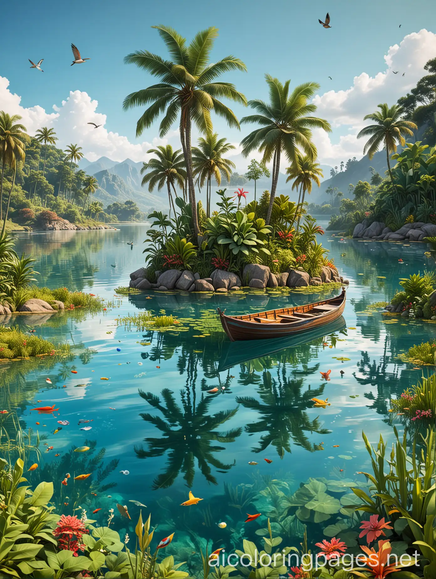 Description: A legendary lake with very transparent water. A small glass boat floats on it, half of it inside the lake’s water. Colorful herbs and fish appear inside the transparent water. The sky is blue and clear and some colorful birds are flying. On the edge of the lake there is a small island with palm trees and bananas. The image is high quality and natural, without any errors or distortions. , Coloring Page, black and white, line art, white background, Simplicity, Ample White Space. The background of the coloring page is plain white to make it easy for young children to color within the lines. The outlines of all the subjects are easy to distinguish, making it simple for kids to color without too much difficulty