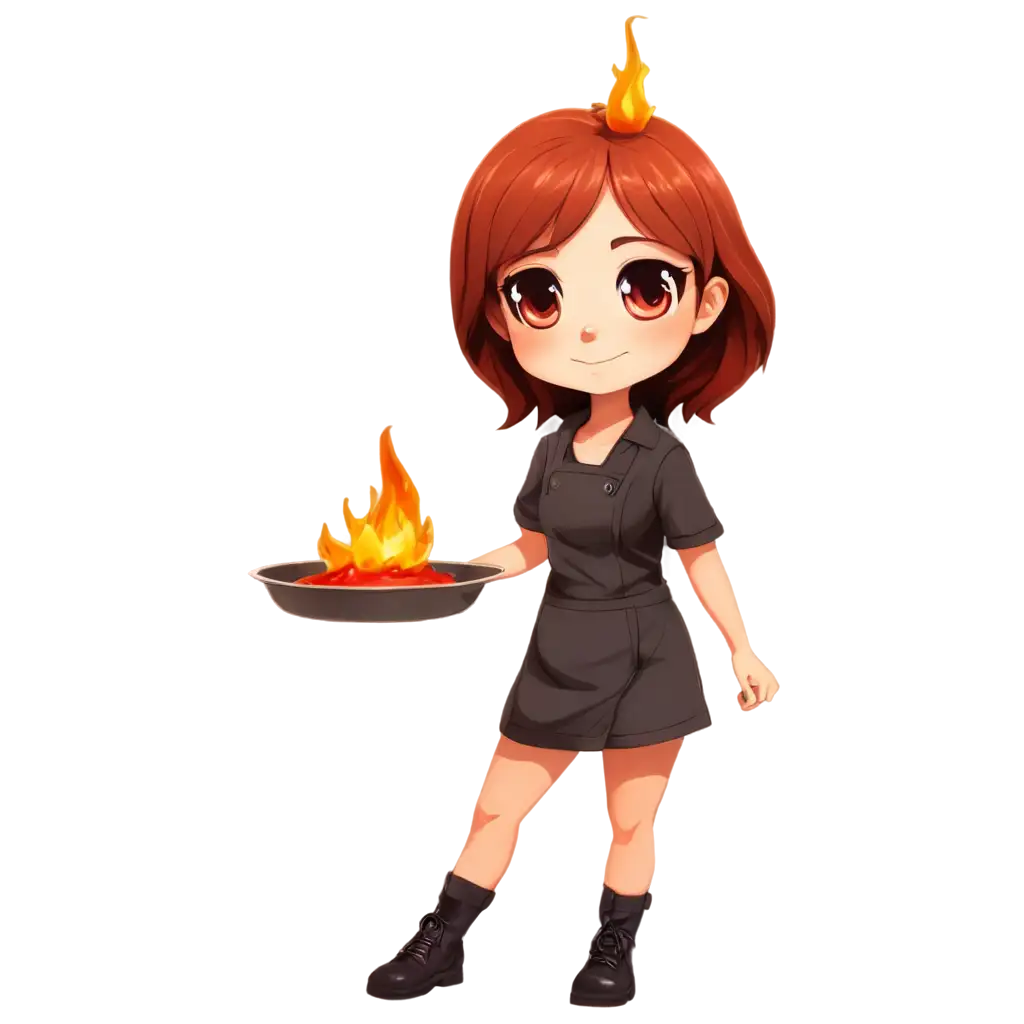 girl chibi funny cooking spicy food and behind her there is an element of fire flaming