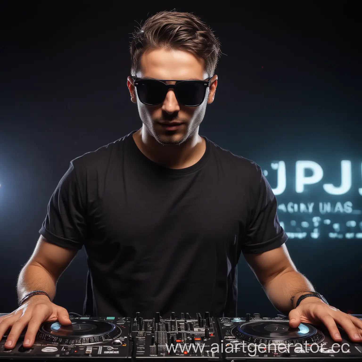 Выступление DJ мужчины в темных  очках в ночном клубе с надписью на изображении Dj Bayan OSP