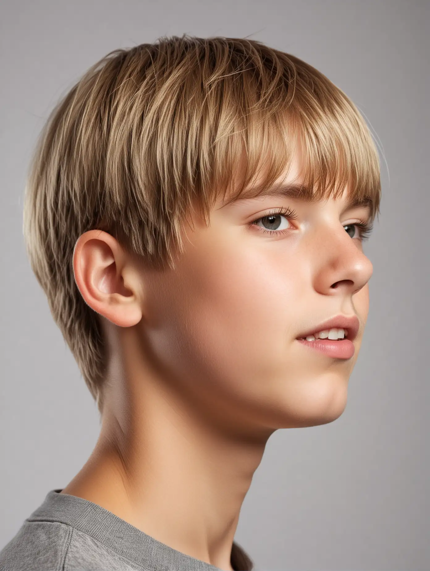 Generate a studio quality photo of twelve year old boy, soft shiny light hair, bowl cut, close up, head shot, side view, bright light 