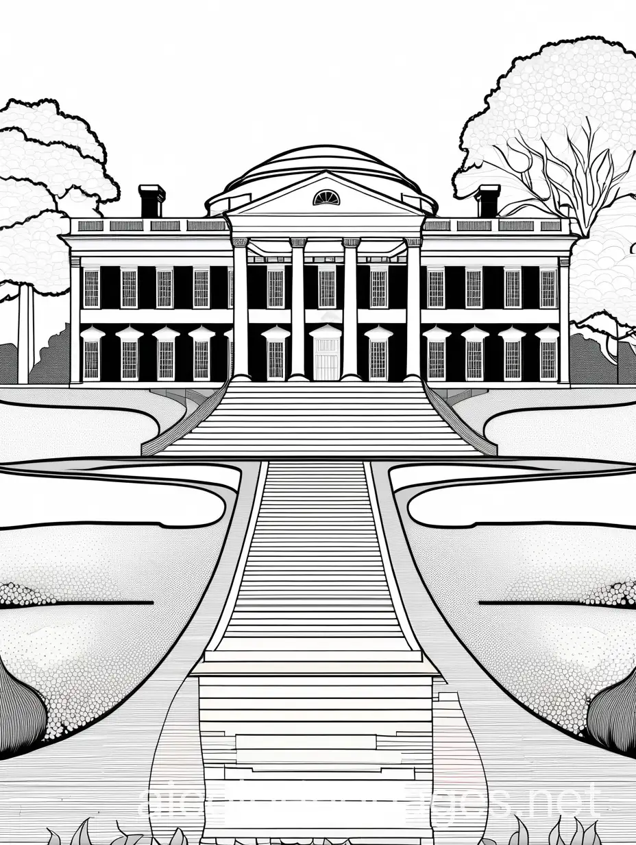 Thomas-Jeffersons-Monticello-Coloring-Page-Black-and-White-Line-Art