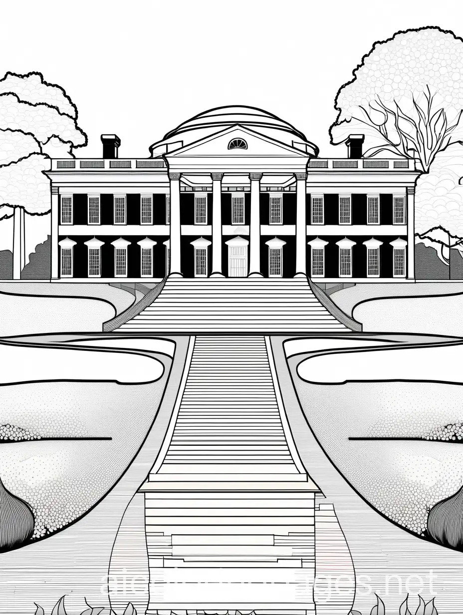 Thomas Jefferson's Monticello, Coloring Page, black and white, line art, white background, Simplicity, Ample White Space. The background of the coloring page is plain white to make it easy for young children to color within the lines. The outlines of all the subjects are easy to distinguish, making it simple for kids to color without too much difficulty