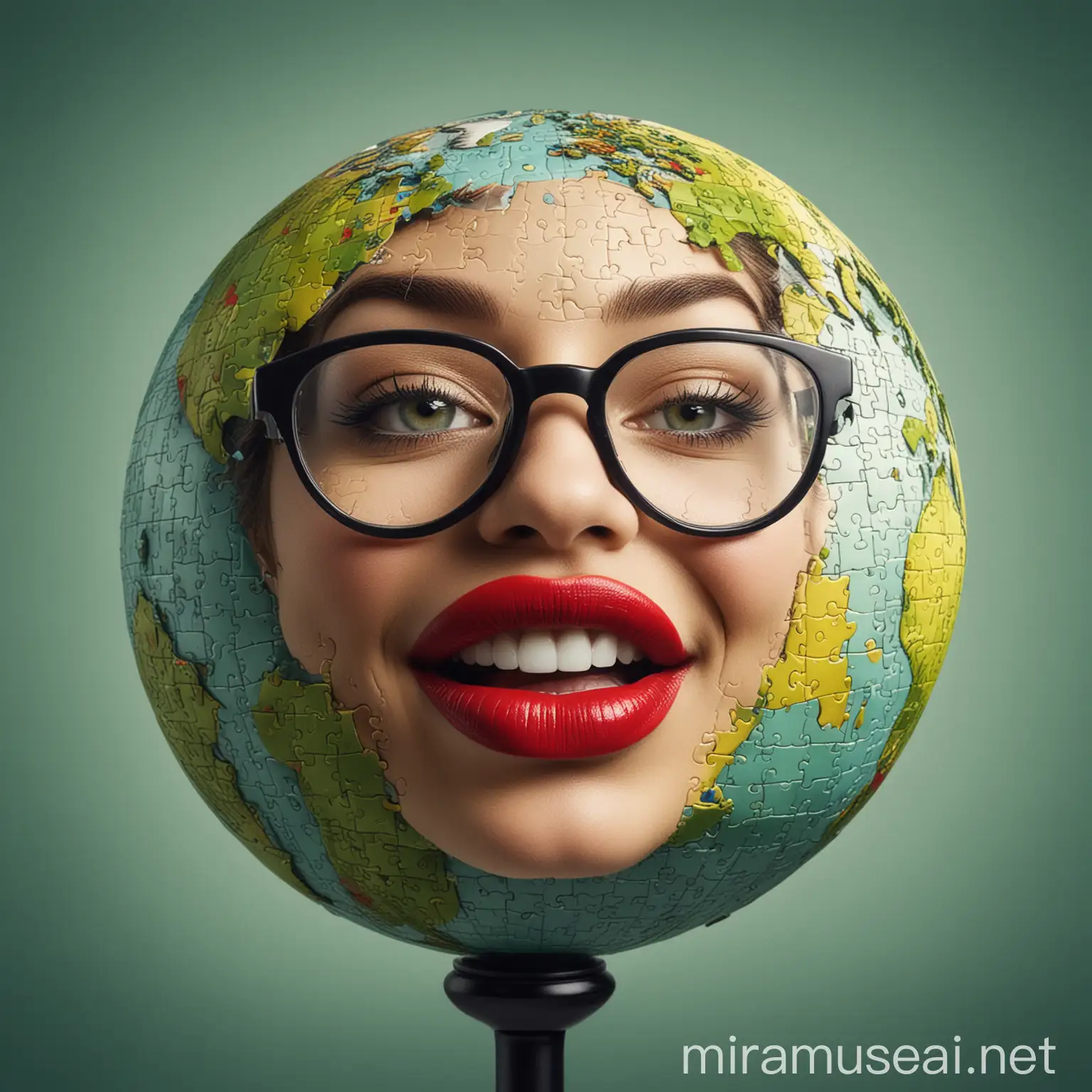 Stylized Globe with Curiosity Symbols Green and Blue Glasses and a Playful Big Mouth