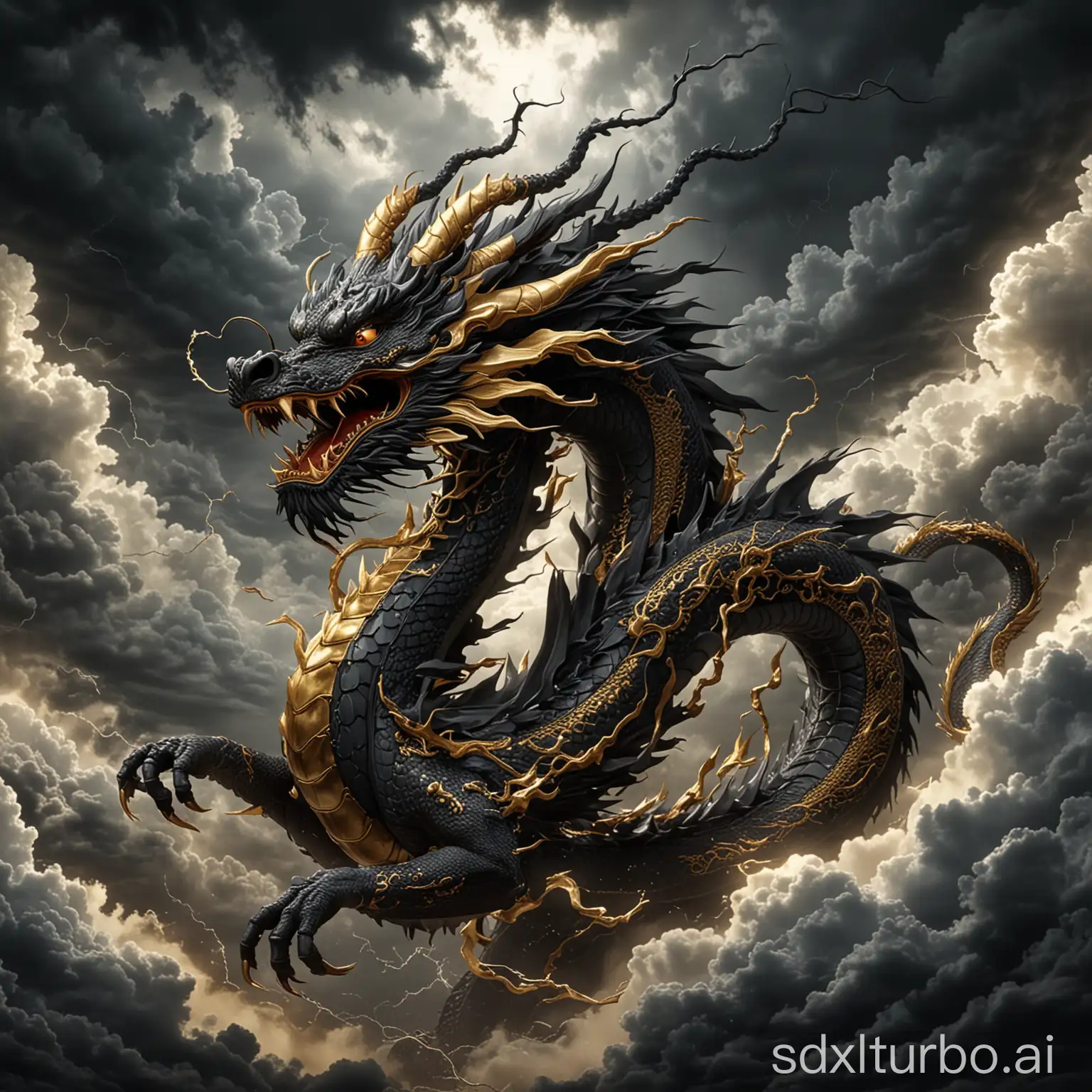 3D China dragon, black-colored, gold-scaled, arrogant, sky, thunderstorm, shocking, without wings