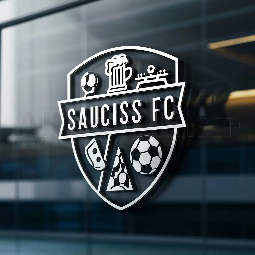 a logo design,with the text "Sauciss FC", main symbol:bouclier, bière, pizza, frites, soccer,complex,be used in soccer industry,clear background