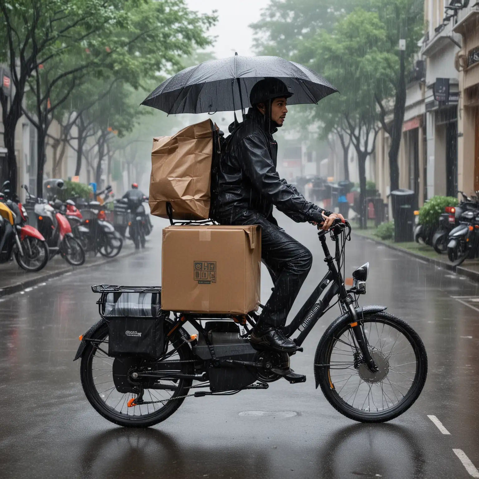 一位骑着电动车的外卖员，在大雨中骑行