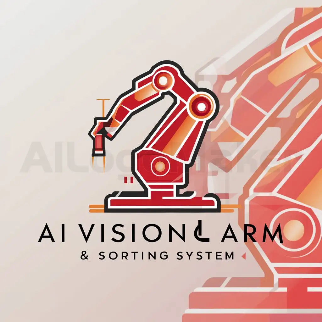 a logo design,with the text "based on AI vision and mechanical arm red orange sorting system", main symbol:machine arm,complex,be used in agriculture industry,clear background