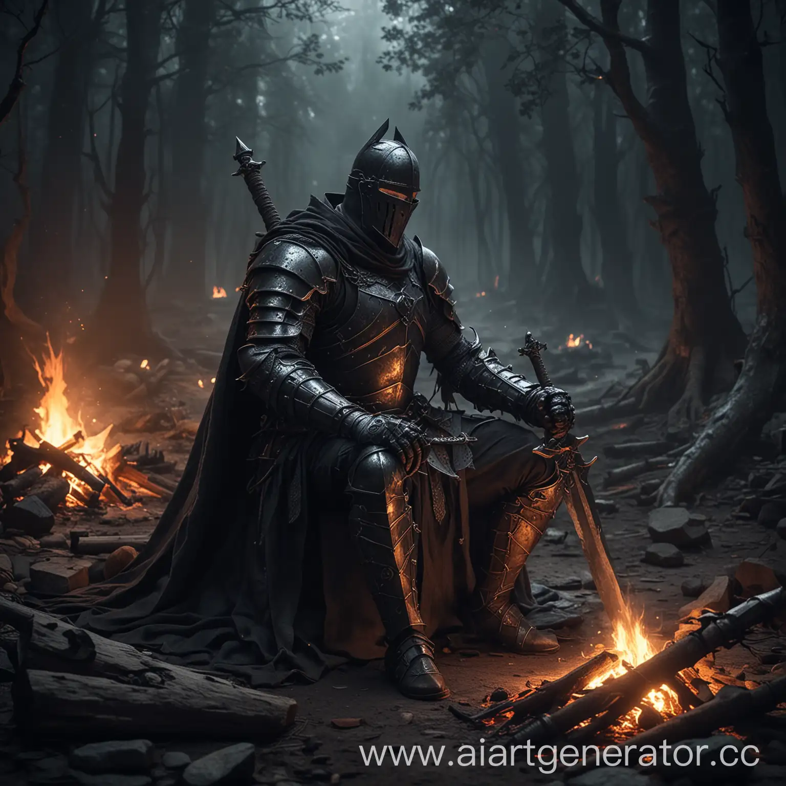 Dark-Fantasy-Knight-Resting-by-Campfire-with-Giant-Sword