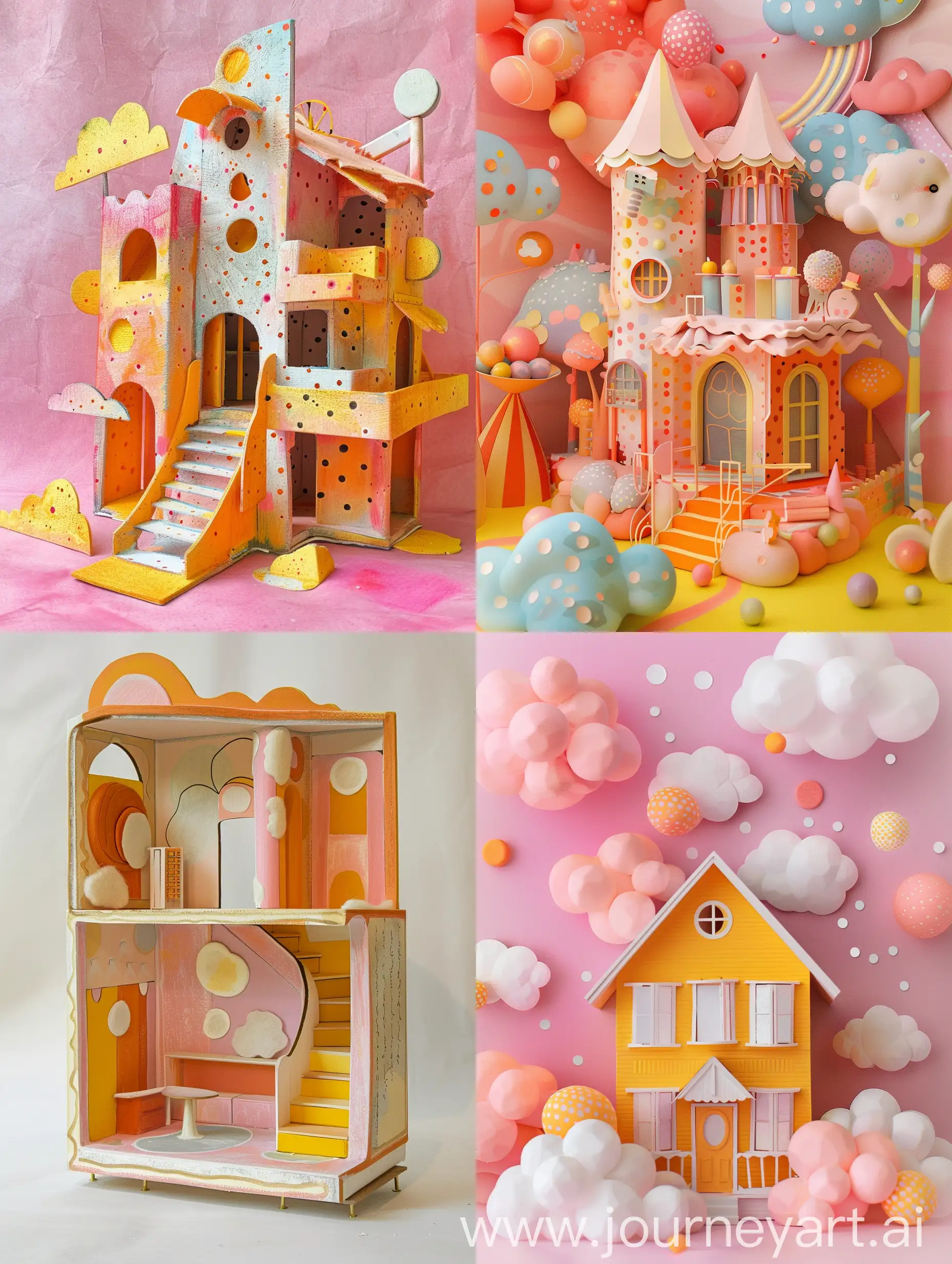 a doll house made of pink yellow orange soft pastel clouds and dots 