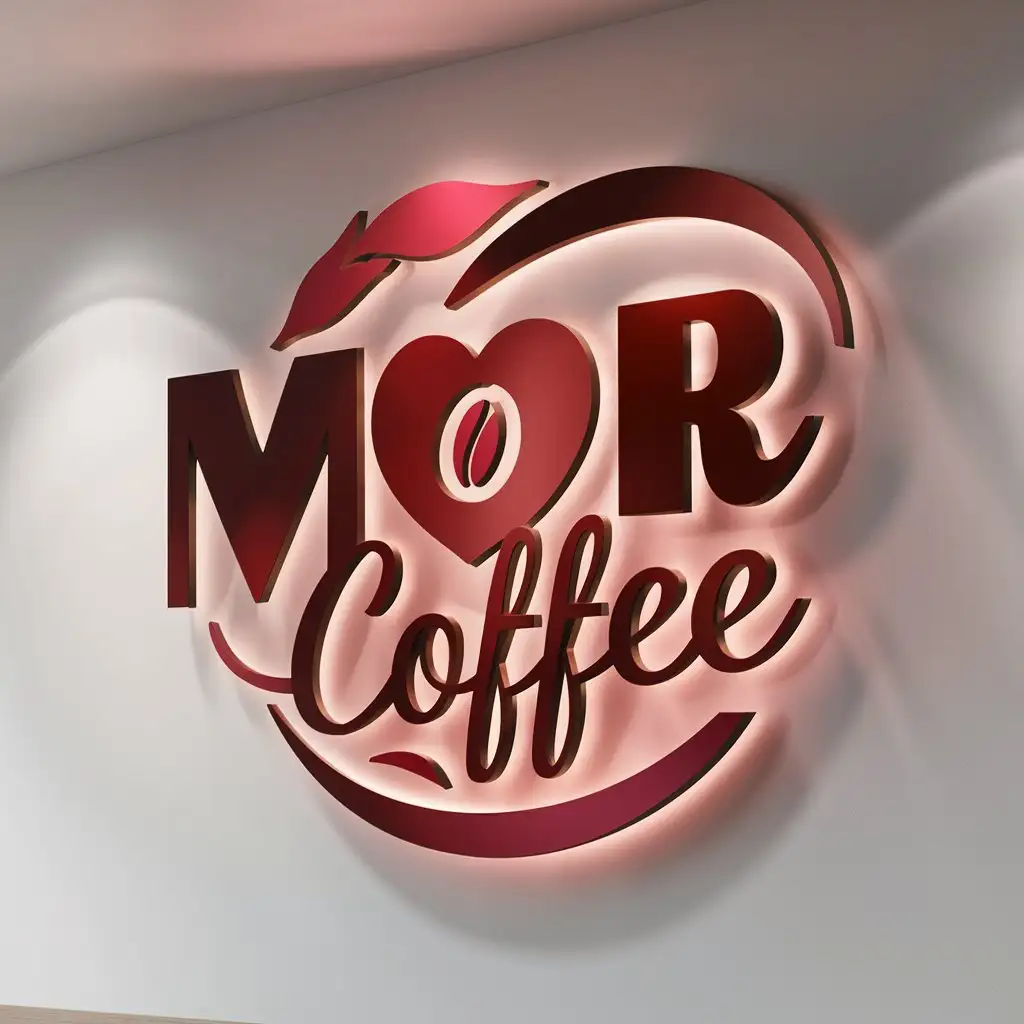 a logo design,with the text "MOR coffee", main symbol:The coffee shop is called MOR coffee, which in Spanish mean love coffee and it plays in English like more coffee. Preferred color is blend of reds and pinks. Logo must be white wall or signboard mockup,Moderate,clear background