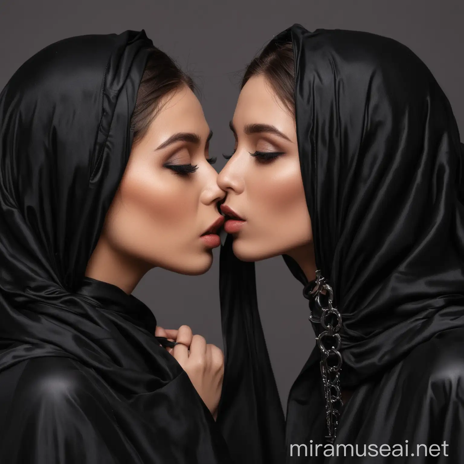 Romantic Moment Two Stylish Women in Black Chador Sharing a Kiss