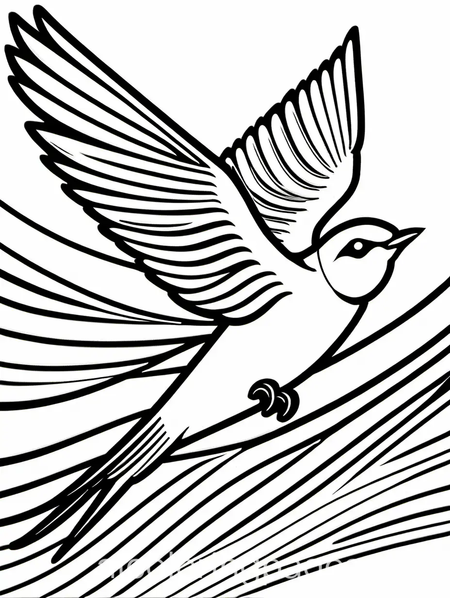 Swallow: Swift and agile in flight.
, Coloring Page, black and white, line art, white background, Simplicity, Ample White Space. The background of the coloring page is plain white to make it easy for young children to color within the lines. The outlines of all the subjects are easy to distinguish, making it simple for kids to color without too much difficulty