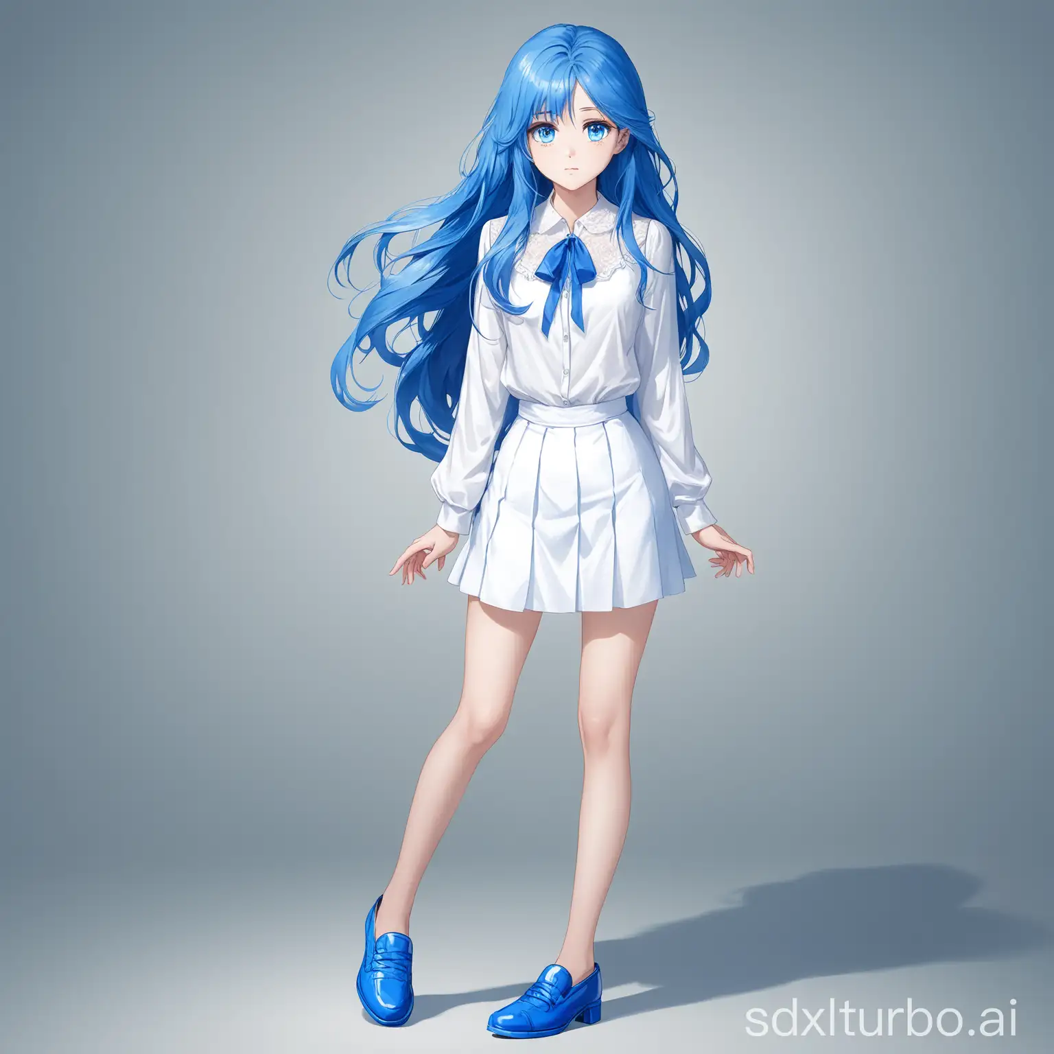 Girl-with-Blue-Long-Hair-in-White-Blouse-and-Skirt