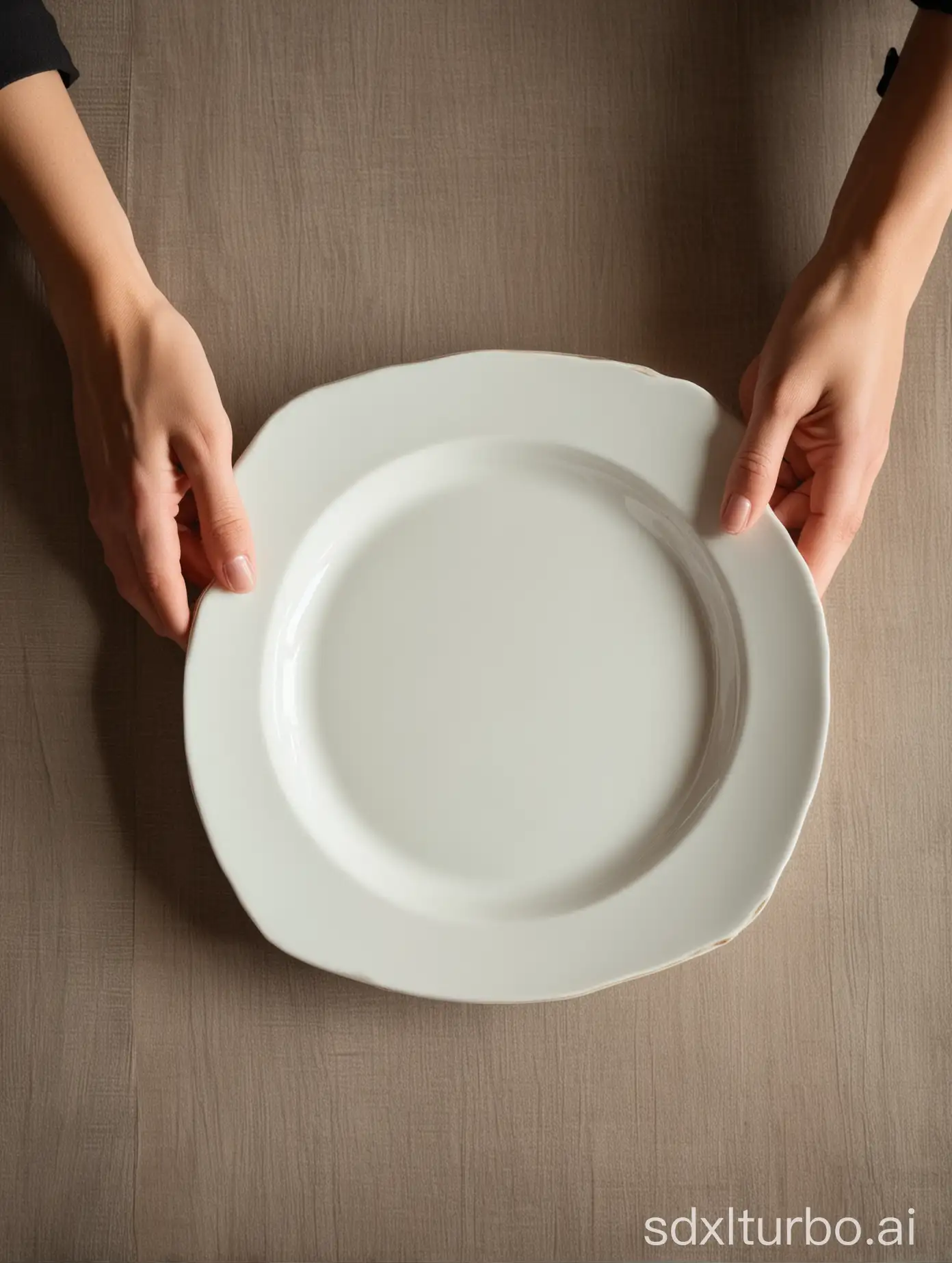 woman hands holding an empty plate on a table