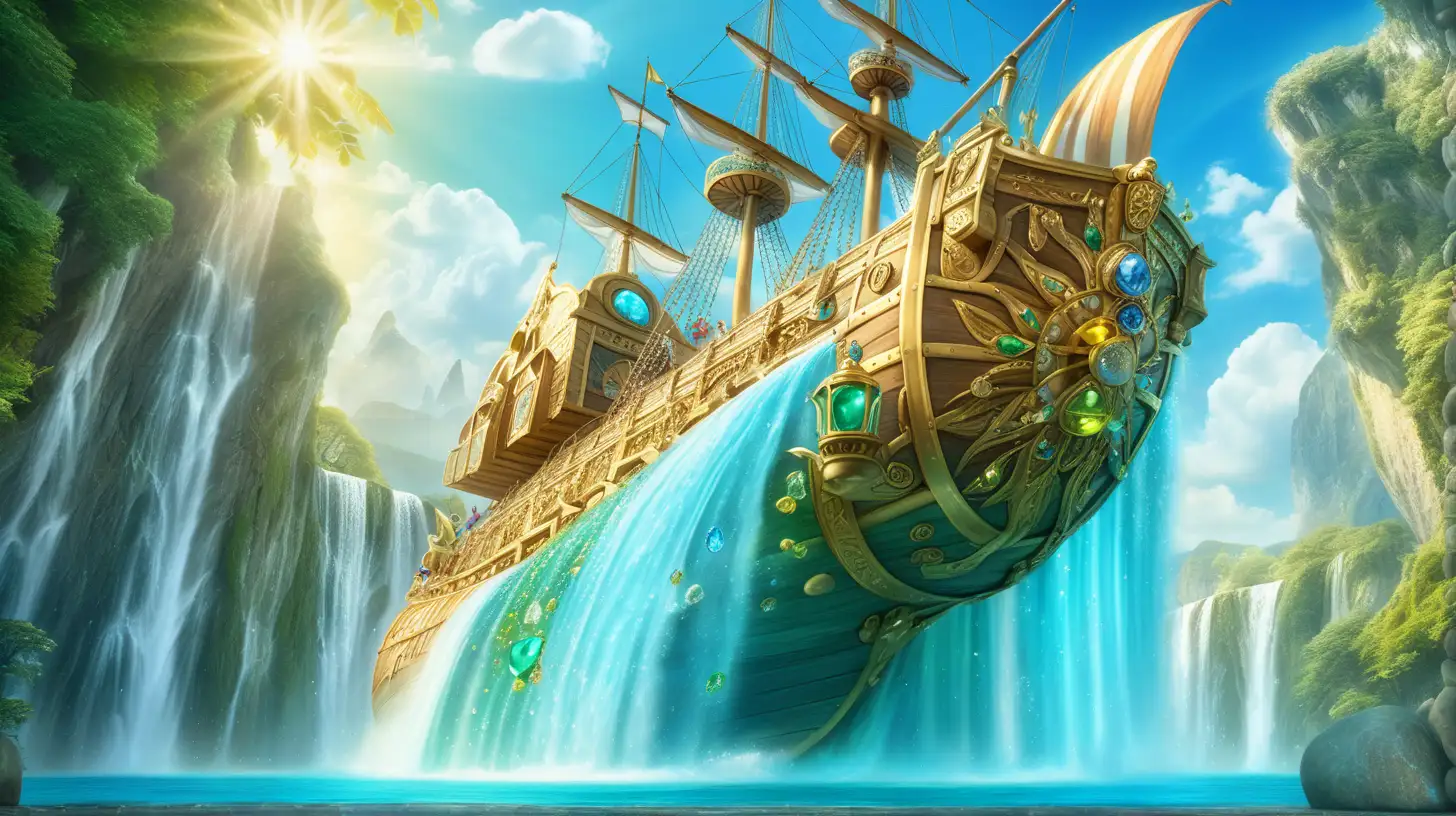 Magical Fairytale bright blue and green waterfall and gold and gemstones and treasure chests  on a old-giant flying-ship with bright sunny sky