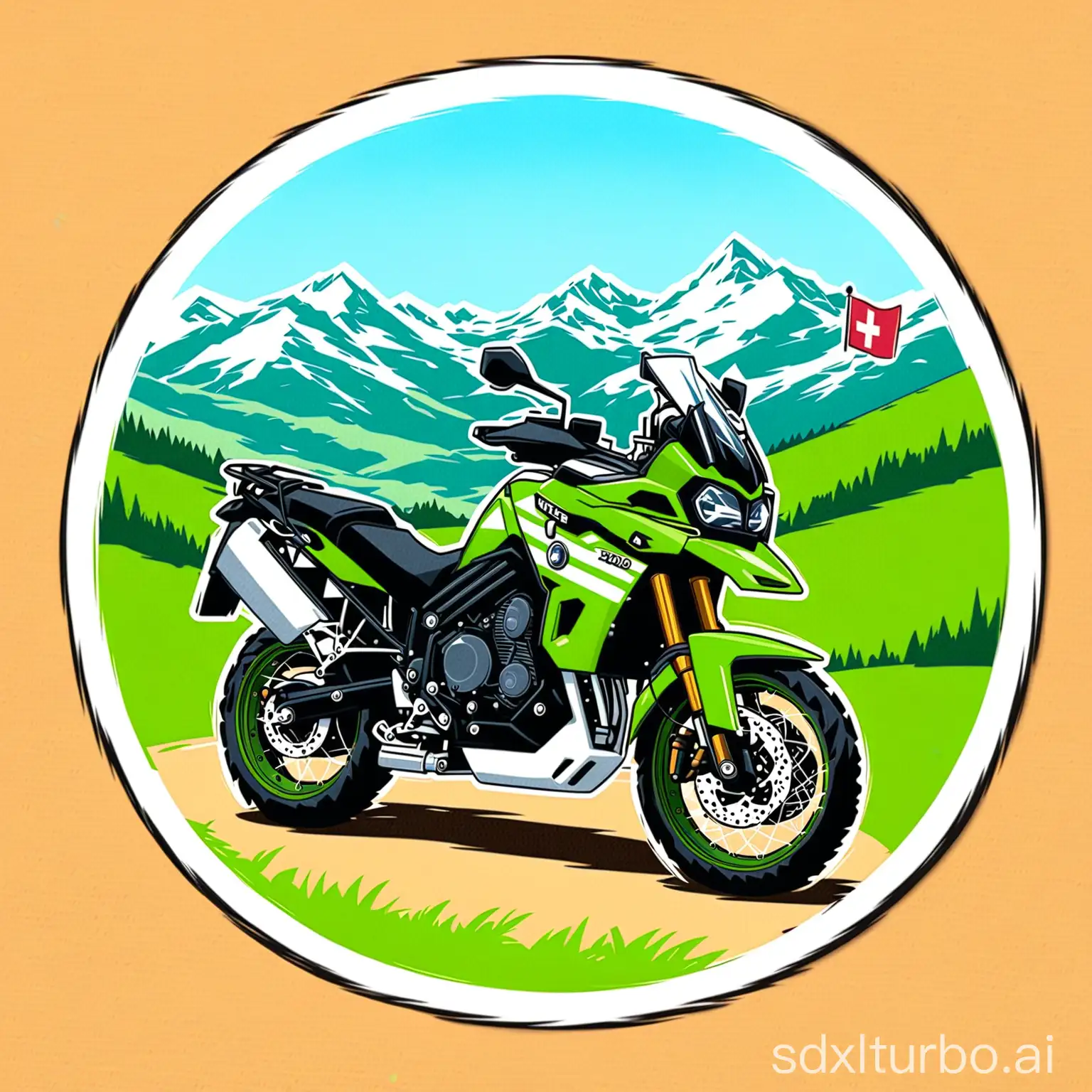 create round sticker containing mountains, the swiss flag and a olive green triumph tiger 900 rally pro motor cycle. Containing no text at all.